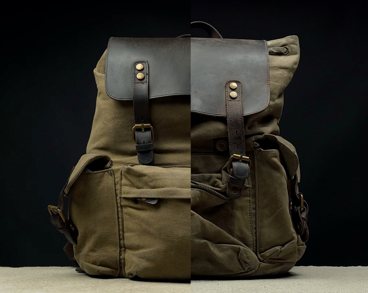 A split-view BEFORE and AFTER studio shot of a canvas backpack with dark brown leather flap and straps, set against a dark background.