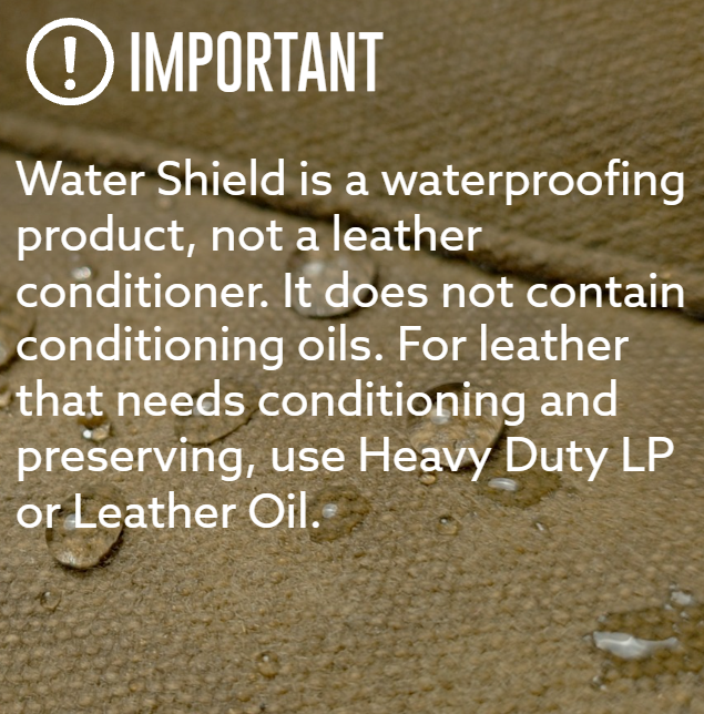 Important informational graphic with white text over a close-up of tan leather and water droplets, stating that Water Shield is a waterproofing product, not a leather conditioner.