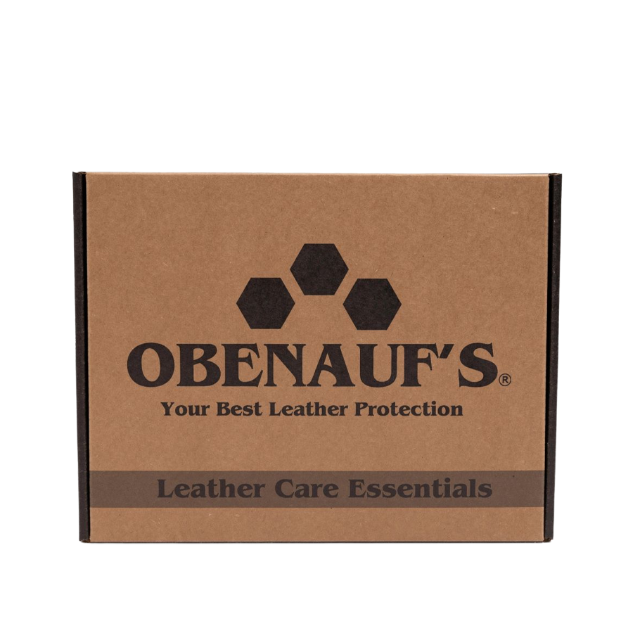 A brown cardboard box for Obenauf's Leather Care Essentials, featuring the black Obenauf's logo and text on a plain white background.
