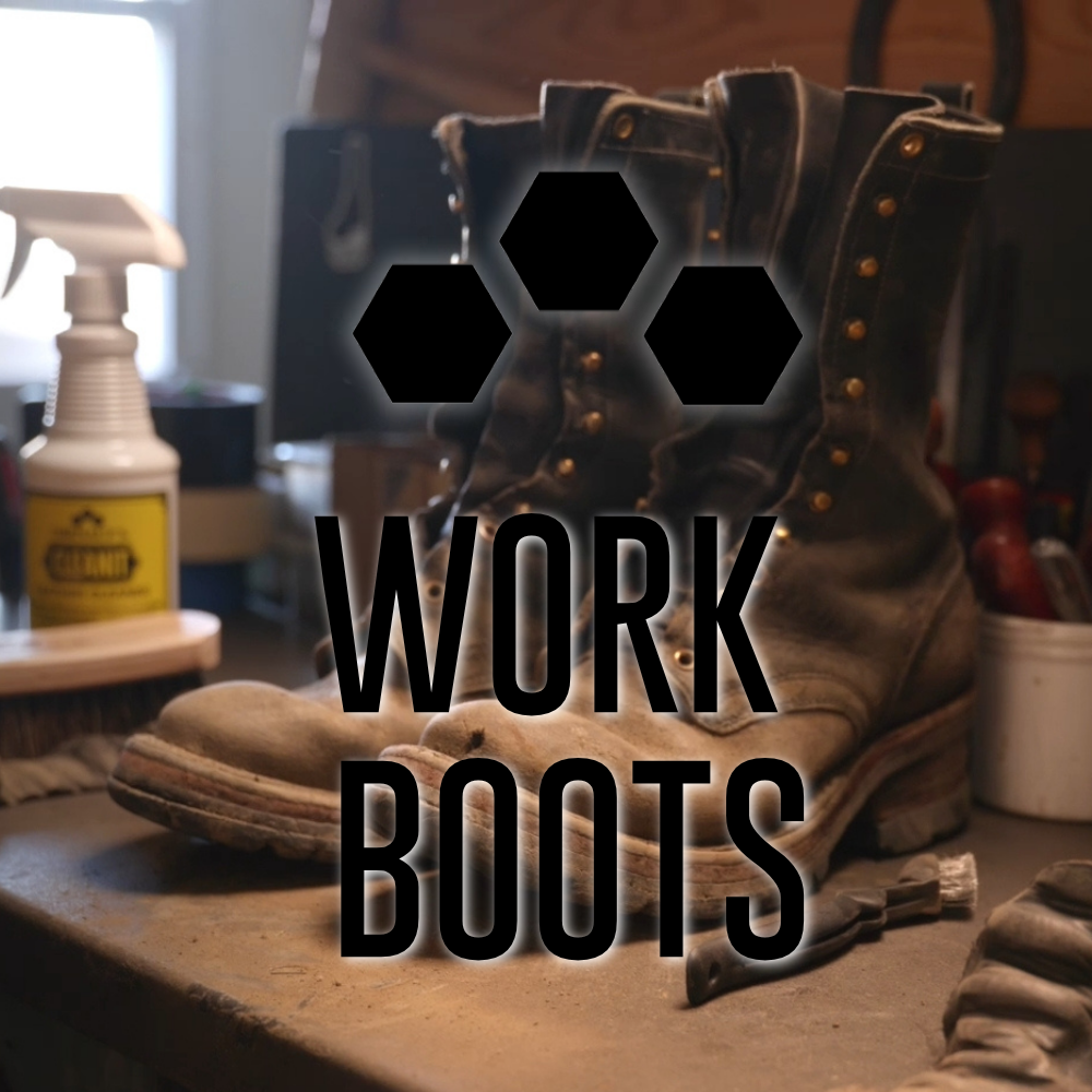 A pair of rugged dark brown work boots with brass eyelets and laces, displayed on a workbench with a spray bottle and gloves in the background. A black hexagonal logo and the text 'WORK BOOTS' are overlaid in the center.